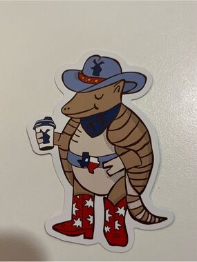 Dutch Bros TEXAS Cowboy Armadillo Sticker - Blue Hat, Red Boots